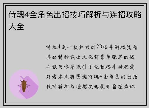 侍魂4全角色出招技巧解析与连招攻略大全